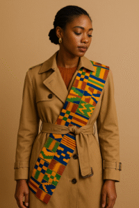 Kente sash over a trench coat