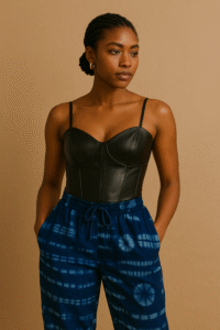 Adire joggers with a faux leather corset top