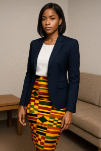 Kente Pencil Skirt + Navy Blazer