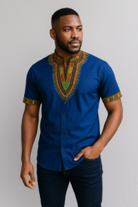 Dashiki collar shirt, dark jeans