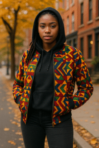 African Print Bomber Over a Hoodie