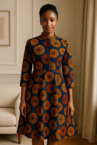 Ankara A-Line Dress with Bishop Collar