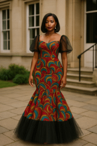 Layered Ankara Gown with Tulle Inserts
