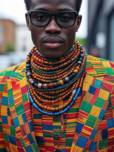 beaded necklace + kente suit